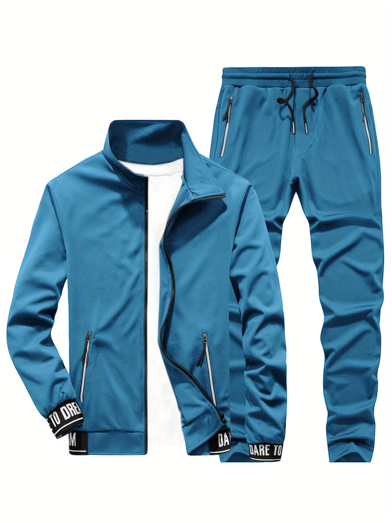 Men'S Casual Sportswear Set - Beige Zip-Up Jacket & Joggers with "DARE TO BE" Print, Long Sleeve, Pockets, and Drawstring Waist, Perfect for Running and Leisure Activities, Spring/Fall Collection, Spring Fall Attire | Zipup J
