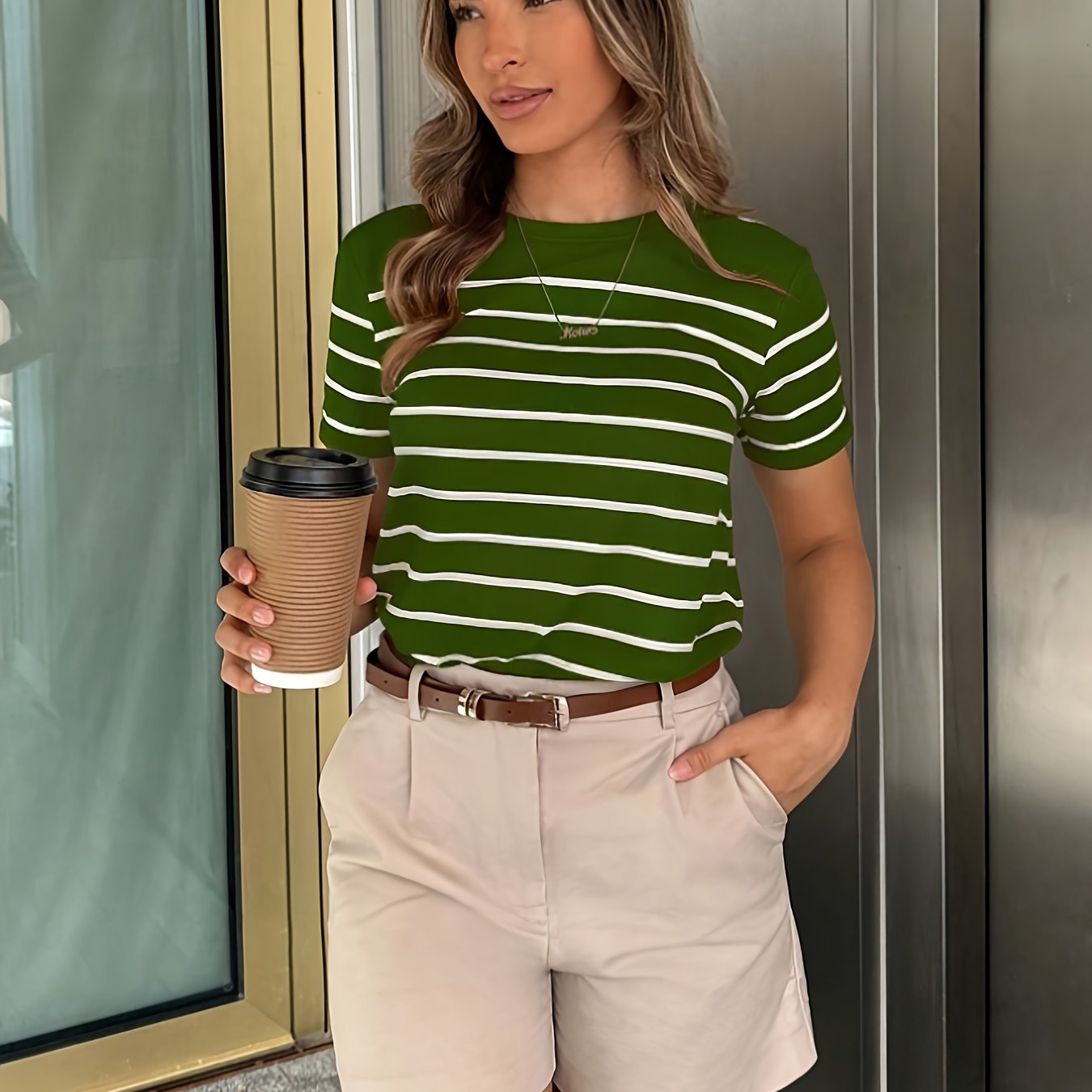 Women'S Y2K Green & White Striped T-Shirt - Casual, Versatile Top for Spring/Summer, Short Sleeve, Round Neck, Casual Attire | Casual Style | Glossy Finish