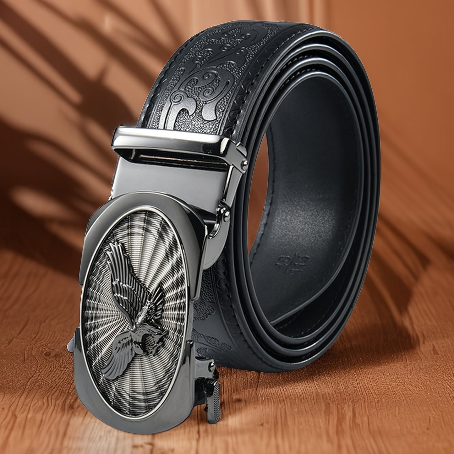 Men's Black Leather Belt with Automatic Buckle - Embossed Eagle Design Business Casual Belt for Office & Formal Occasions, Durable Gift for Father's Day & Business Partners, Sophisticated Detailing