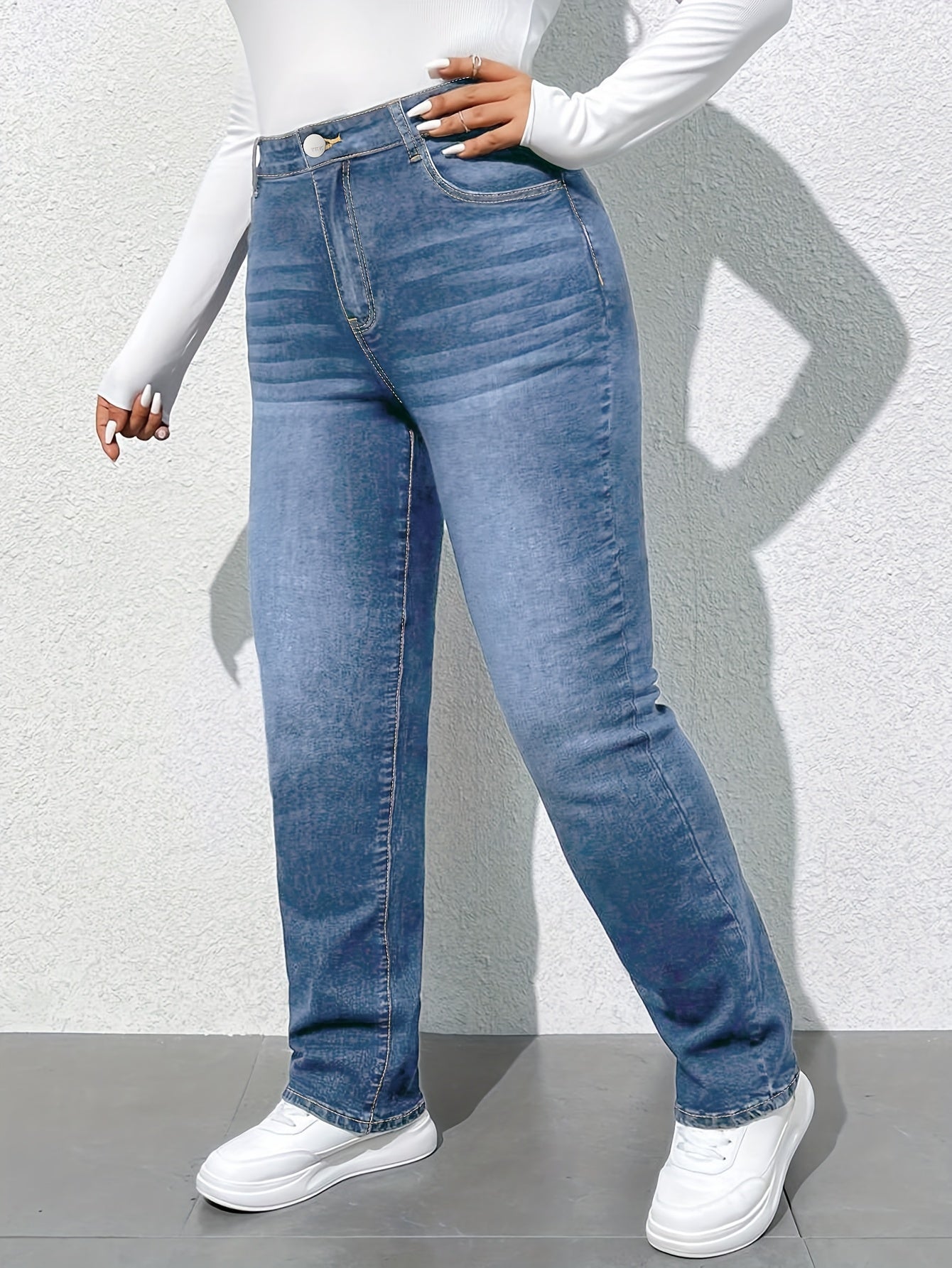 Women'S High-Waisted Straight Leg Jeans, 68.5% 25.7% Polyester 4.3% Viscose 1.5% Elastane, Casual Skinny Fit Denim Pants with Zipper Fly, All-Season Solid Color, 300g/m² Fabric Weight, Long Length - No Belt Required