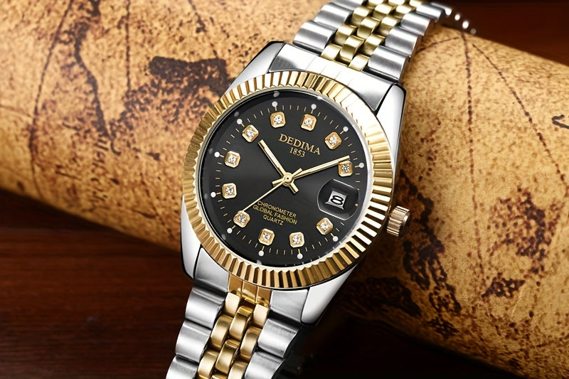 DEDIMA Elegant Stainless Steel Band Calendar Watch, Quartz Movement, Round Dial with Rhinestones, Battery-Powered, Non-Rechargeable Button Battery, Regular Cleaning, for Men, Women, Students, Christmas, Valentine'S Day, Thank