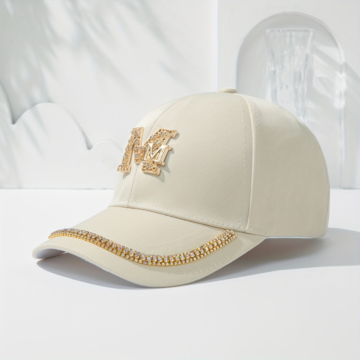 Women's Fashion Patch Baseball Cap With Metallic "M" Initial, Rhinestone Accents, Adjustable Snapback Cps, Wide Brim Sun Hats