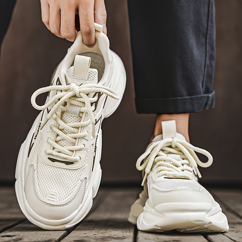 Men'S Breathable Mesh & Faux Low-Top Sneakers - Lightweight Cushioned Air Cushioning, White & Golden Accents, Lace-Up Casual Shoes for Running, Hiking, Gym & Casual Attire, Gym Shoes, Modern Sneakers, Fabric Lined Interior
