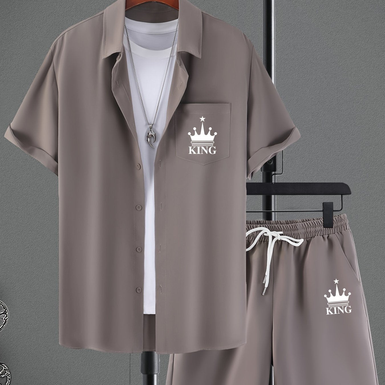 Men's Casual Short Sleeve Collar Shorts Printed Fashion Suit