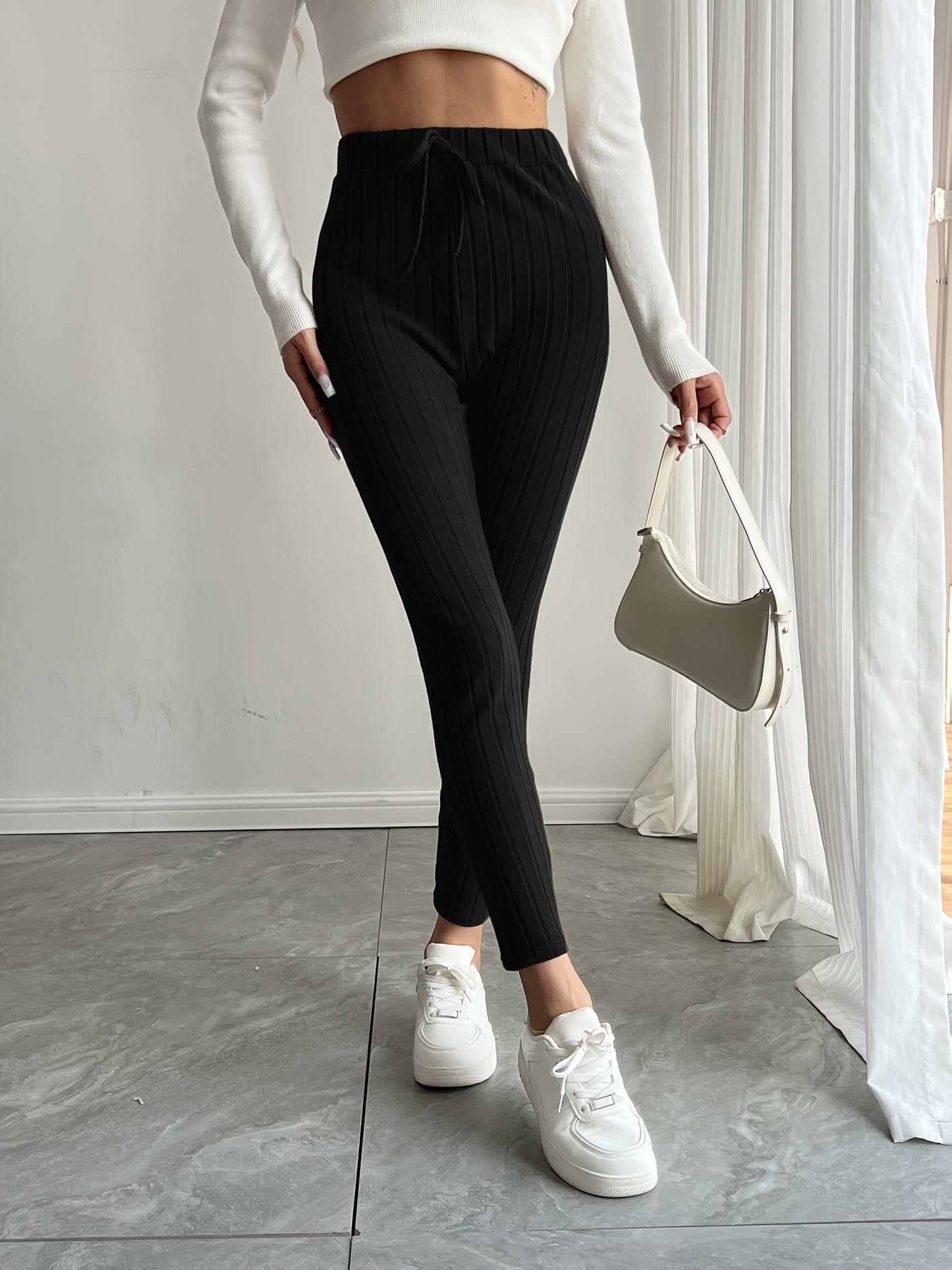 High-Waisted Drawstring Skinny Knitted Pants For Everyday Wear - Solid Color Women's Casual Clothing