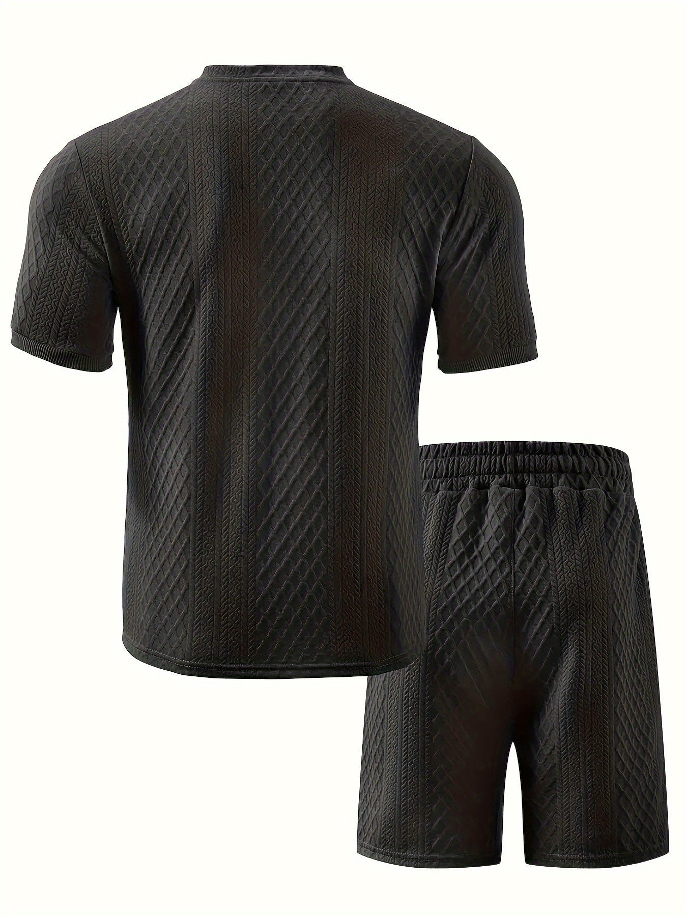 Two-Piece Set, Men'S Summer Outfit, Jacquard Set, Round Neck Short Sleeve, Drawstring Shorts, High Weight Fabric, Casual Ensemble.