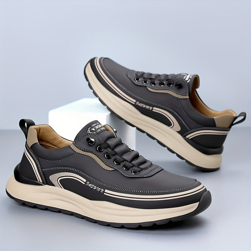 Men's Breathable Lightweight Casual Sneakers - Soft EVA Sole, White & Brown Low-Top Lace-Up Shoes for Casual Attire & Light Running, All-Season Comfort, Sleek Shoe Design, Daily Walking, Minimalist Style, Flexible Sole, Urban