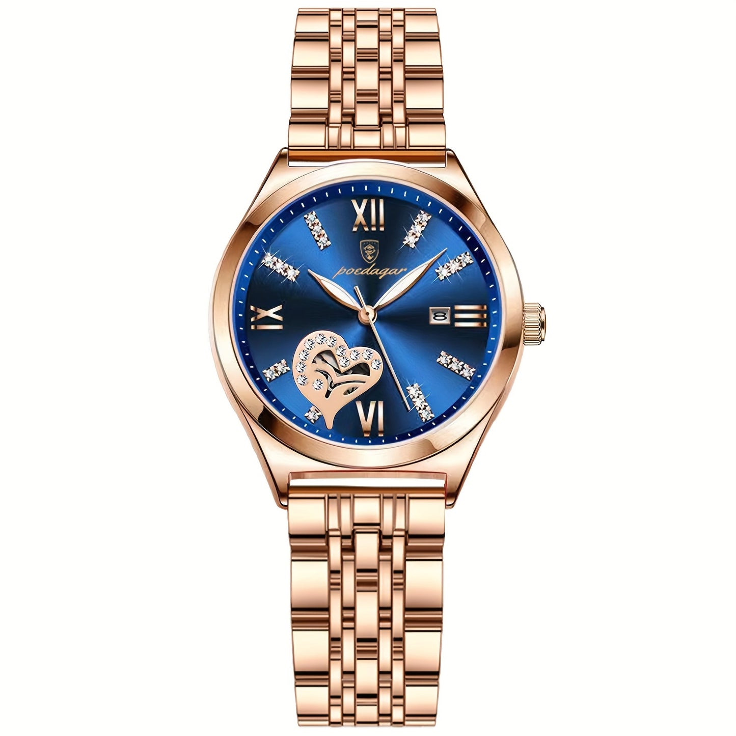 POEDAGAR Elegant Women's Quartz Watch - Rose Golden-Tone Stainless Steel, Luminous Hands & Calendar,, Date Display with Heart Detail