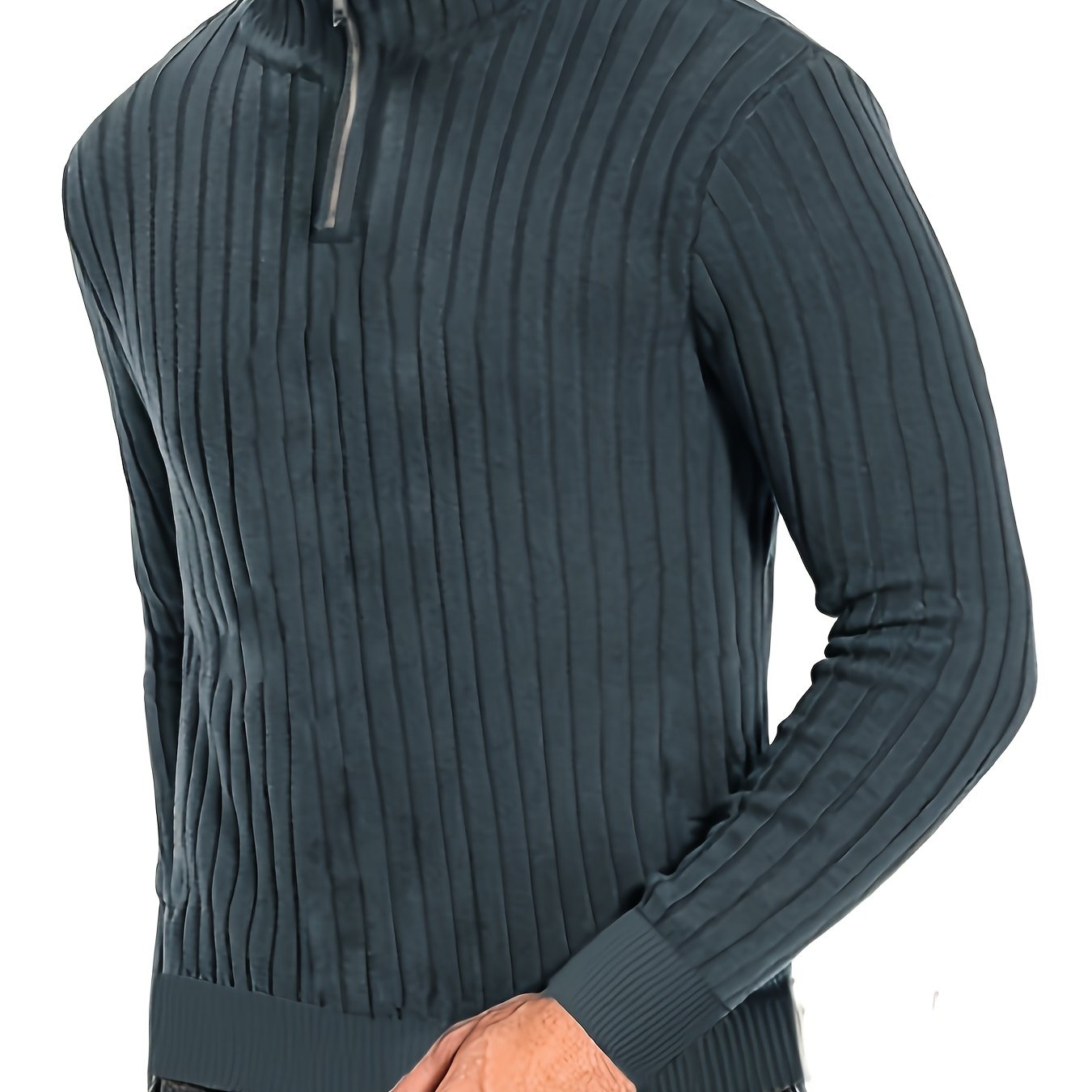 Men'S Casual Polyester Sweater, Solid Color, High Neck Quarter Zip, Long-Sleeved Pullover, Regular Fit, 100% Polyester Knit Fabric, 230g/m² - Fall/Winter Essential