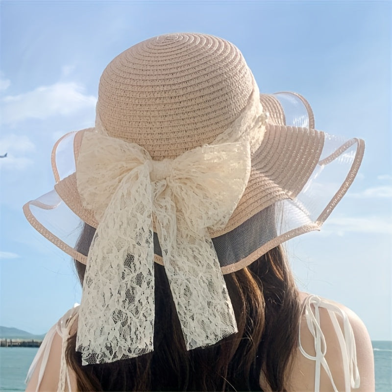 Women'S Elegant Straw Sun Hat with Lace Bow & Mesh Brim - Foldable, Breathable Beach Hat for Summer, Black Ruffled Sleeve Design, Perfect for & Stylish Outfits, Beach Accessories