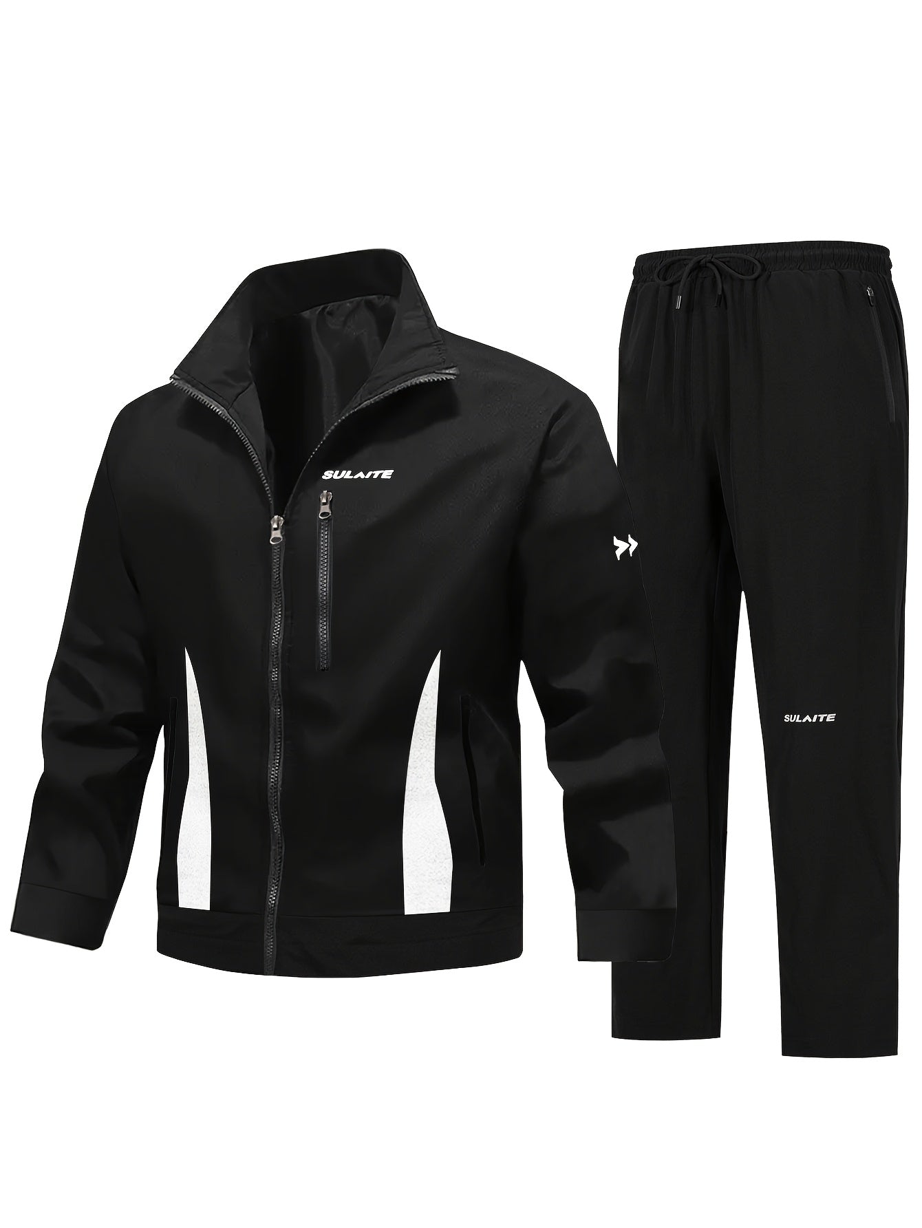Men'S Casual Sportswear Set - Black Jacket with Zipper Pockets & White Accents, Matching Pants, Perfect for Spring & Fall, Sportswear Outfit|Zippered Jacket|Functional Pockets