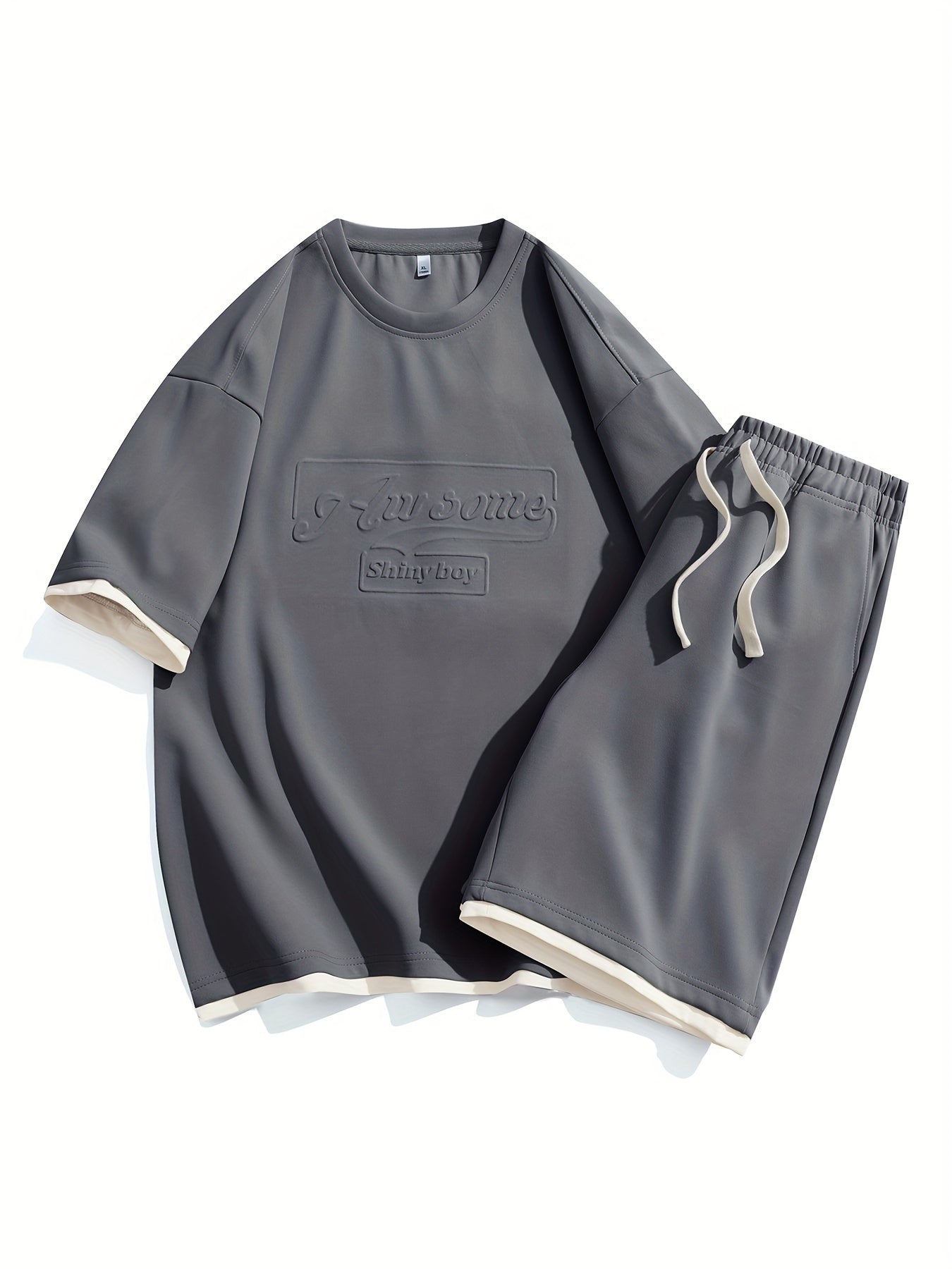 Men's Casual Fashion Sportswear Set - Light Gray "DREAMS" Print T-Shirt & Shorts, 100% Polyester, Machine Washable, Summer Outfit