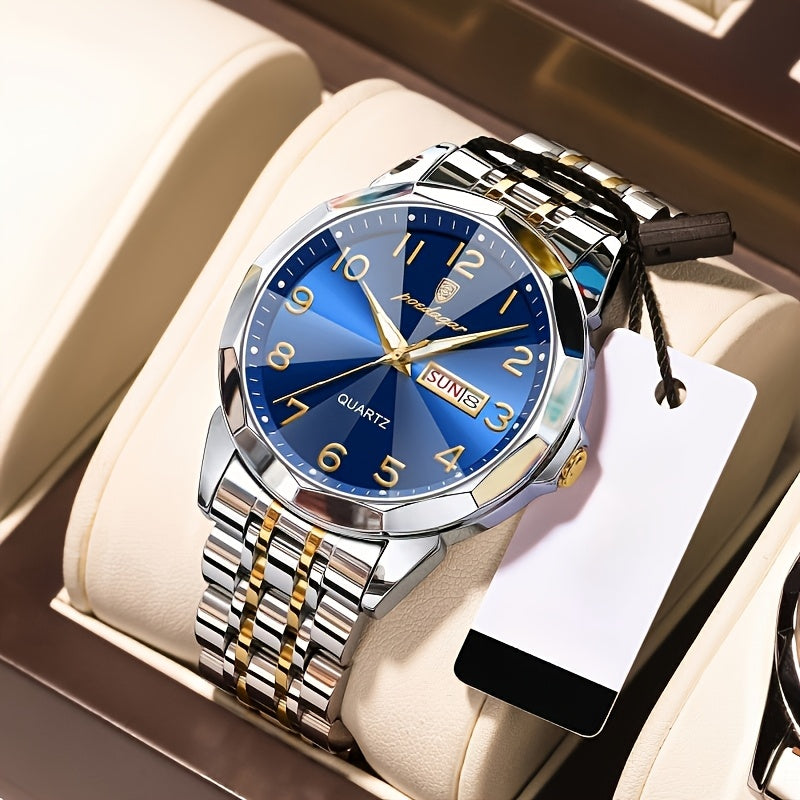 1pc BINBOND Men'S Fashion Watch, Luxury Dual Calendar Quartz Wristwatch, Business Style, Round Alloy Case, Stainless Steel Strap, Water-Resistant, Luminous Pointer Display, Battery Powered, Perfect for Valentine's, Christmas,