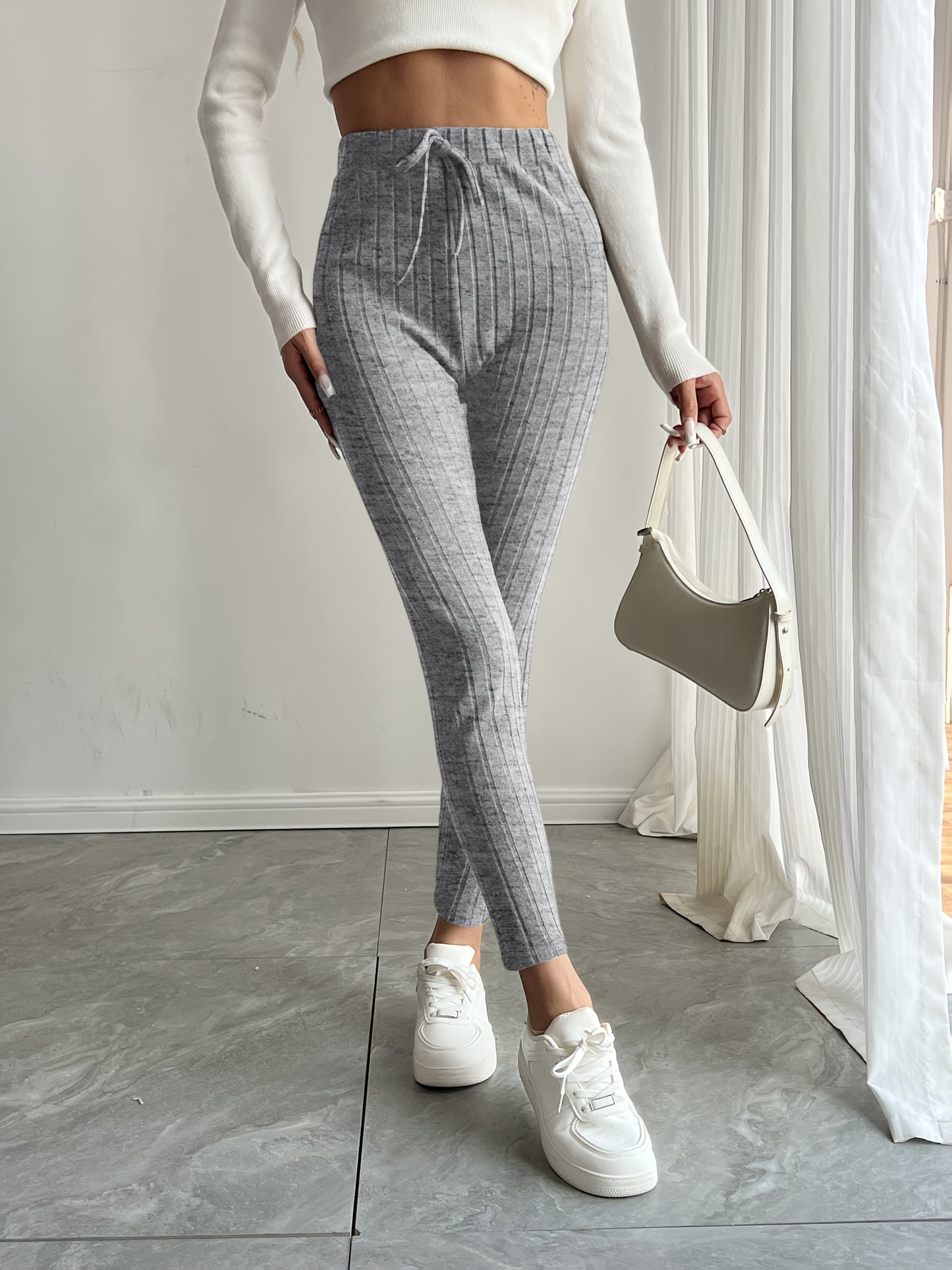 High-Waisted Drawstring Skinny Knitted Pants For Everyday Wear - Solid Color Women's Casual Clothing