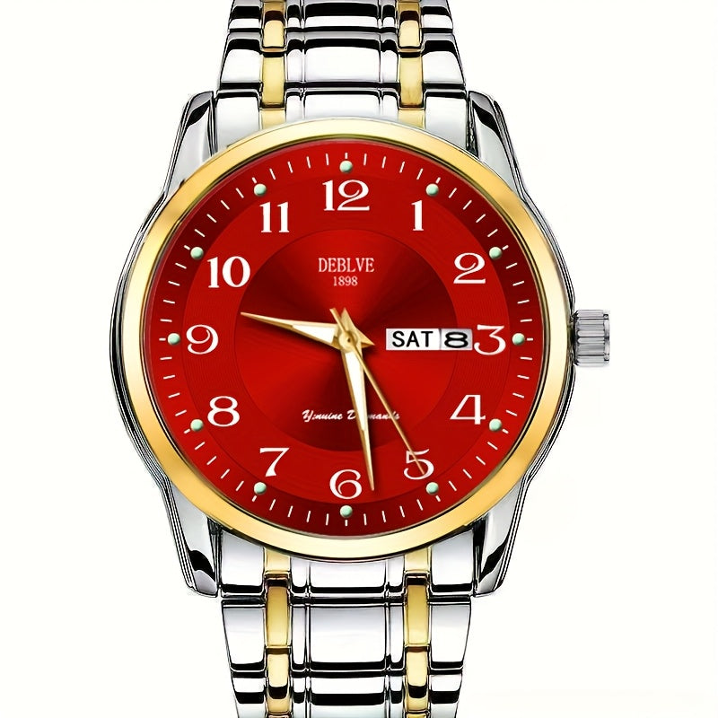 DEBLVE Men'S Fashionable Stainless Steel Watch with Luminous Numbers, Calendar & Week Display - Quartz Movement, Business Style, Ideal for Travel & Daily Use