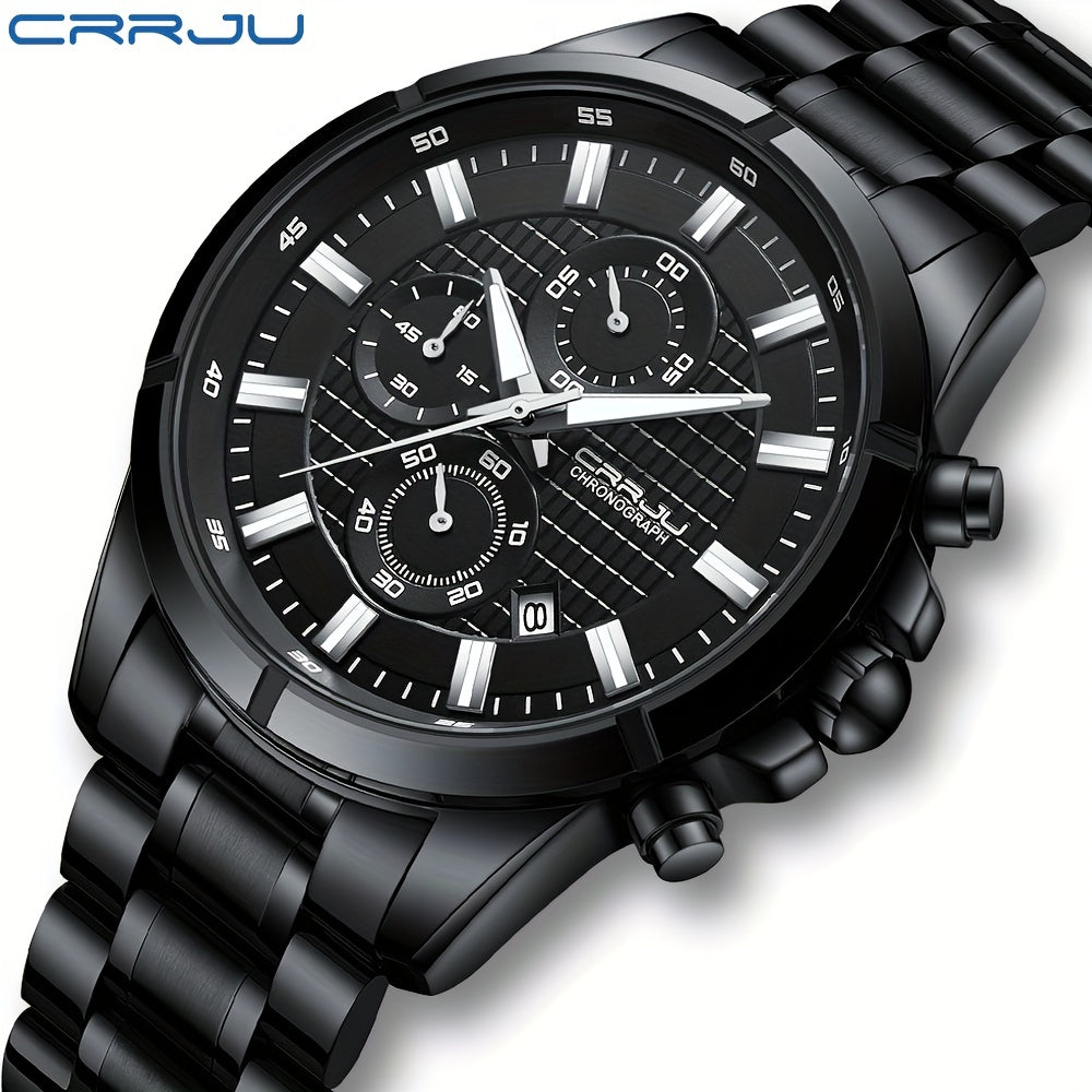 CRRJU Fashion Men's Watch, Business Solid Stainless Steel Multifunctional Chronograph Watch