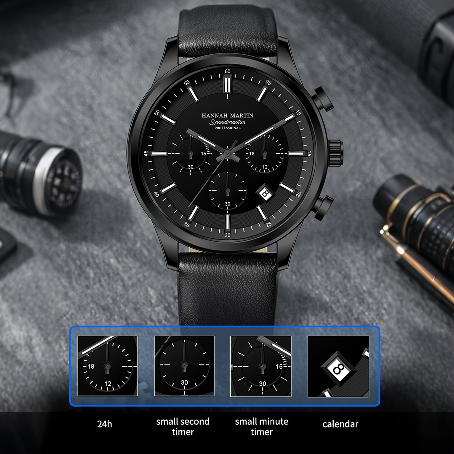 HANNAH MARTIN Men's 2025 Business Chronograph Watch - Black Arabic Numeral & Bar Markers, Date/Second Time Zone, Quartz Movement, Faux Leather Strap, High Quality 30m, Casual & Formal Watch for Casual Attire, Versatile Timepi