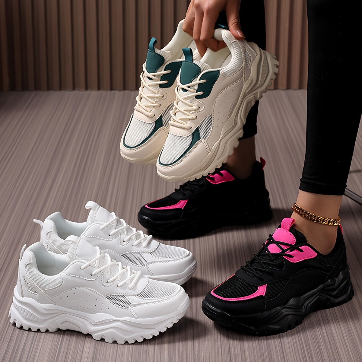 Women's Lightweight Chunky Sneakers - Versatile Korean Style Dad Shoes with Thick Sole, Breathable Mesh Upper, Casual Lace-Up Athletic Footwear in White, Green/White, and Black/Pink