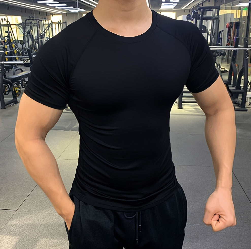 Men's Quick-Dry Athletic T-Shirt - Stretchy, Breathable Polyester, Short Sleeve, Round Neck, Black, Gym & Running Workout Essential, Sports Clothing | Sleek Athletic Tee | Breathable Fabric, Workout Clothes