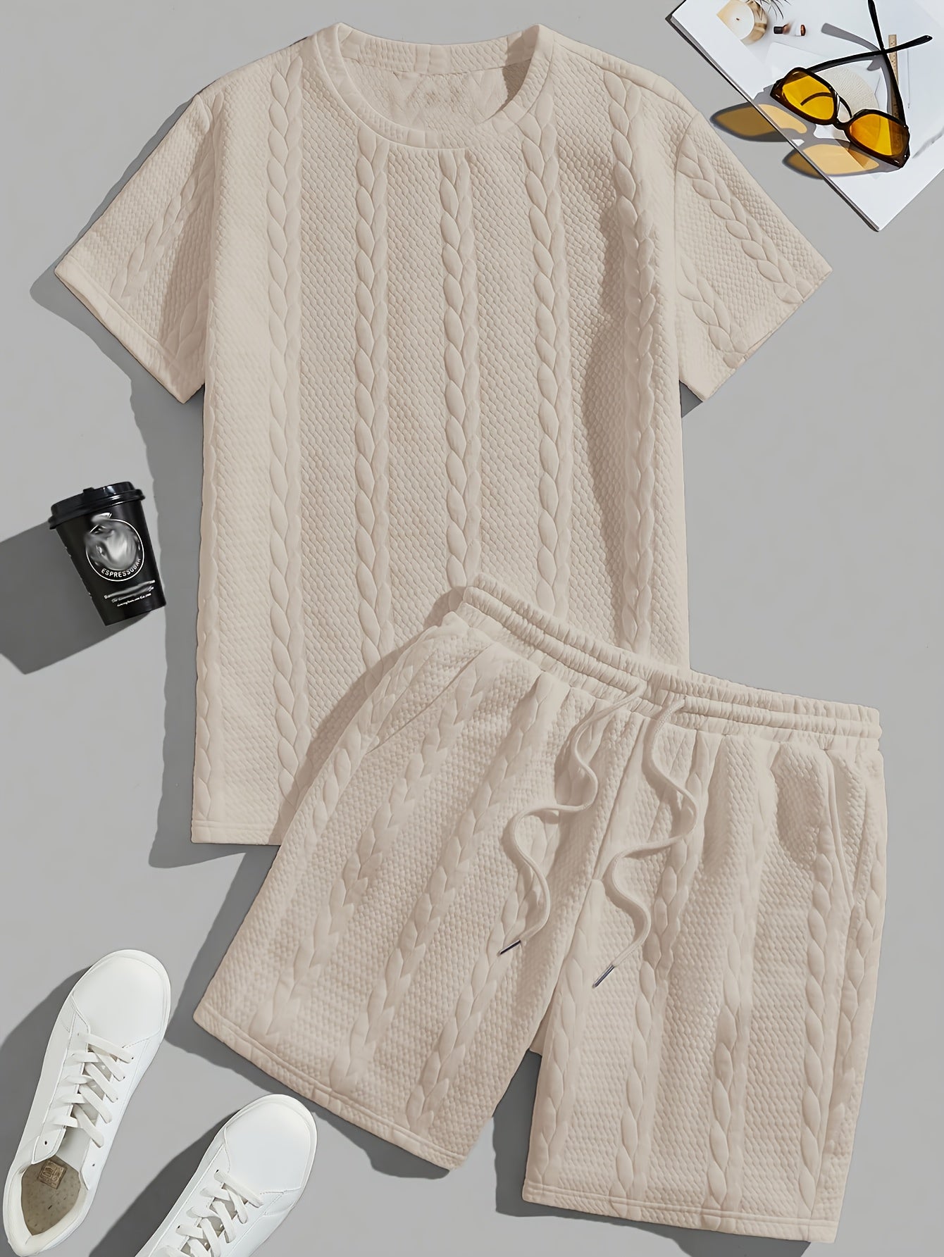 Men'S Casual Short Sleeve T-Shirt and Shorts Set - Knit, Light Gray, Two-Piece, All-Season Comfort, Drawstring Waist, Casual Style, Allseason Comfortwear | Casual Style Set | Knit Texture, Thick