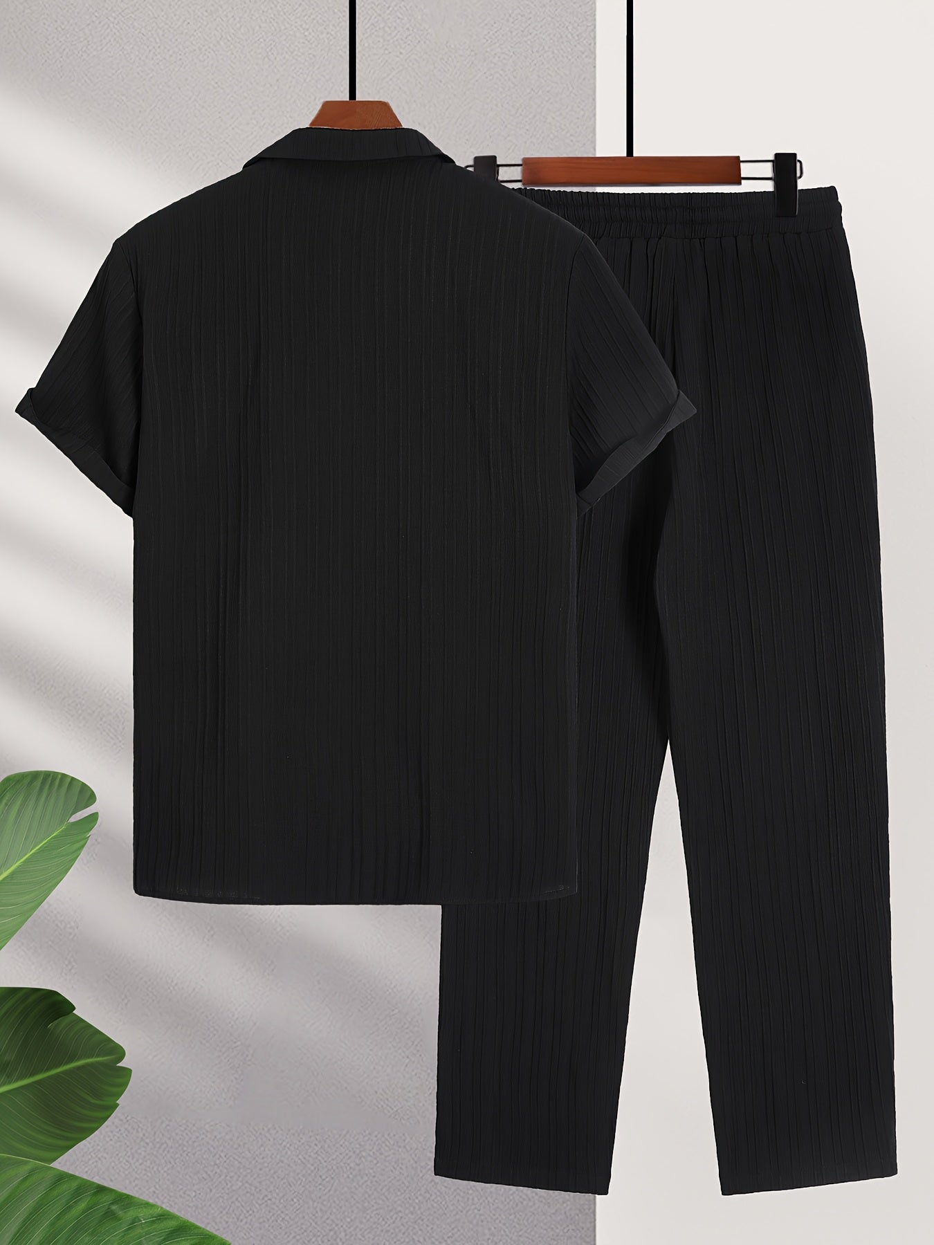 Men'S Color Block French Stripe Short Sleeve Shirt and Pants Set - Casual Button-Up Blazer with White Stripes, Dark Green Pants, Regular Fit for Casual Attire, Versatile Menswear | French Stripe Design | Nonstretch Fabric