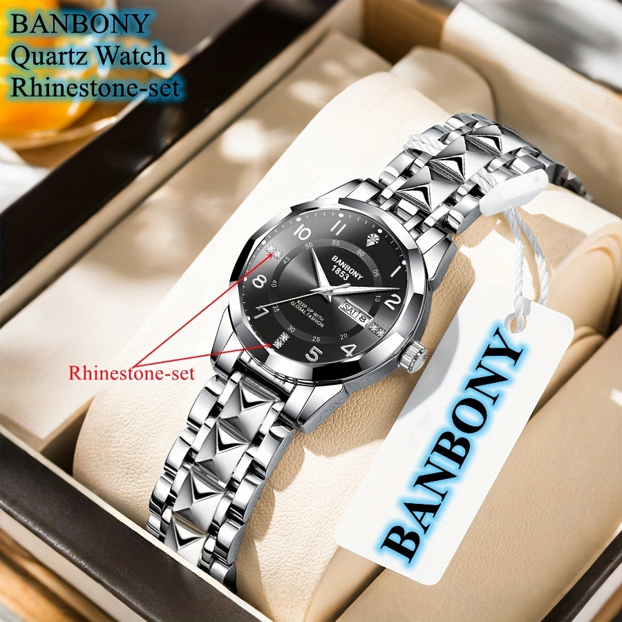 Banbony Women'S Quartz Watch - Luxury IPX7 Waterproof Stainless Steel Strap, Luminous Display, Rhinestone Accents, Date & Night Light, Minimalist Black Dial, Perfect Gift for Women, Casual Timepiece, Elegant Timepiece, Highqu