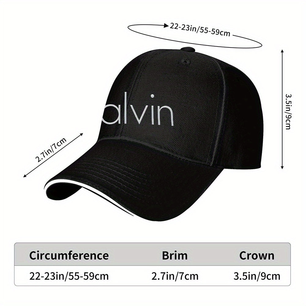 Men's Sporty Breathable Polyester Baseball Cap with Modern Metallic Calvin Text Pattern - Black & White Contrast Design for Fitness, Running, Couples Matching Hats, Fitness Accessory, Sleek Sporty Style, Comfortable Headwear