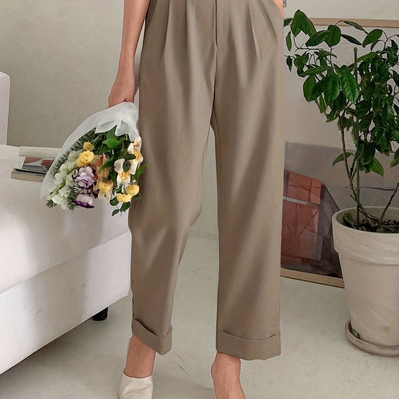 Slant Pockets Wide Leg Suit Pants, Casual Loose Pants For Spring & Summer, Women's Clothing