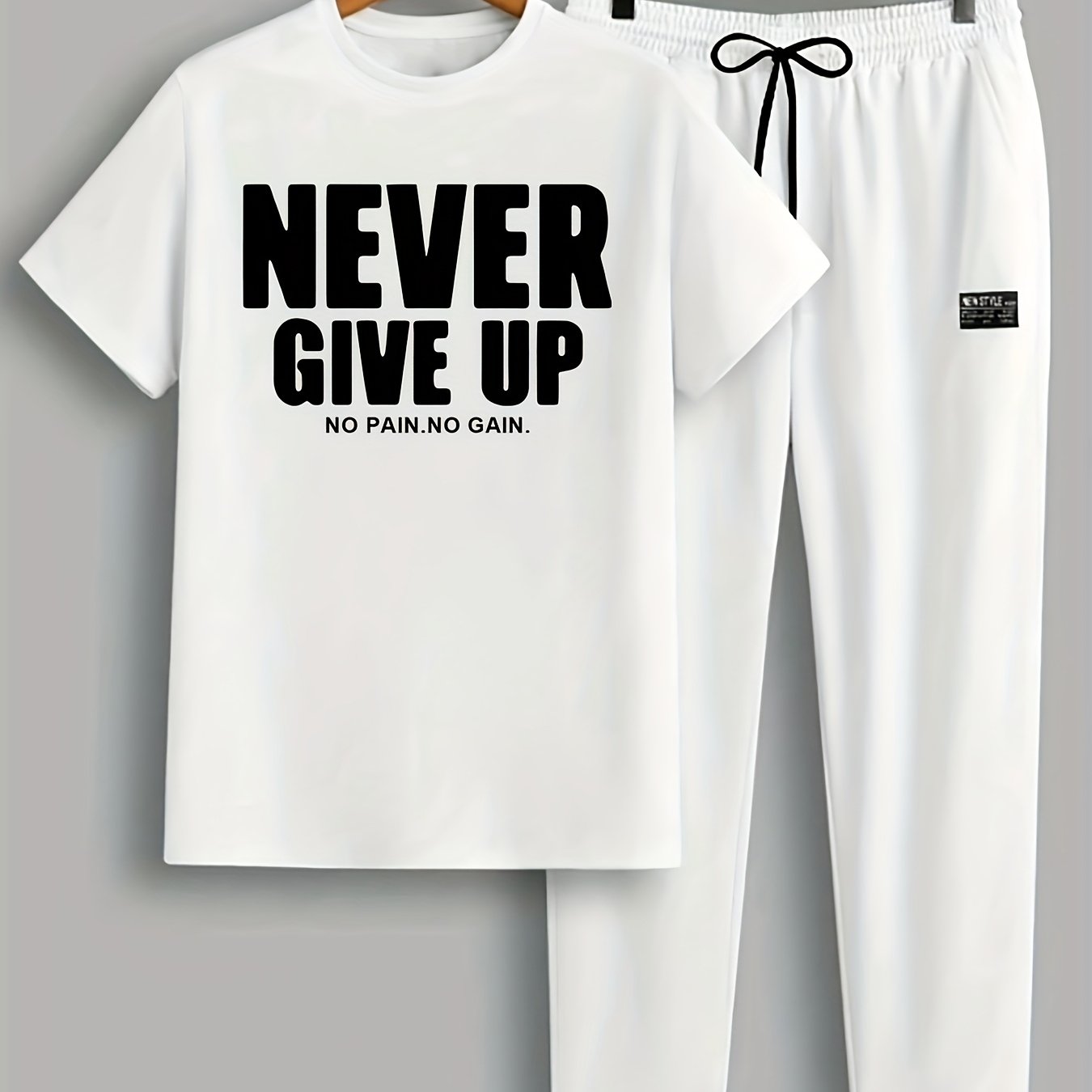 Men'S 2pcs Summer Never Give Up Casual T-Shirt & Jogger Set - Navy Blue with Inspirational Quote, Drawstring Waist, and Pockets - Perfect for Casual Outings and Sports, Jogging Pants