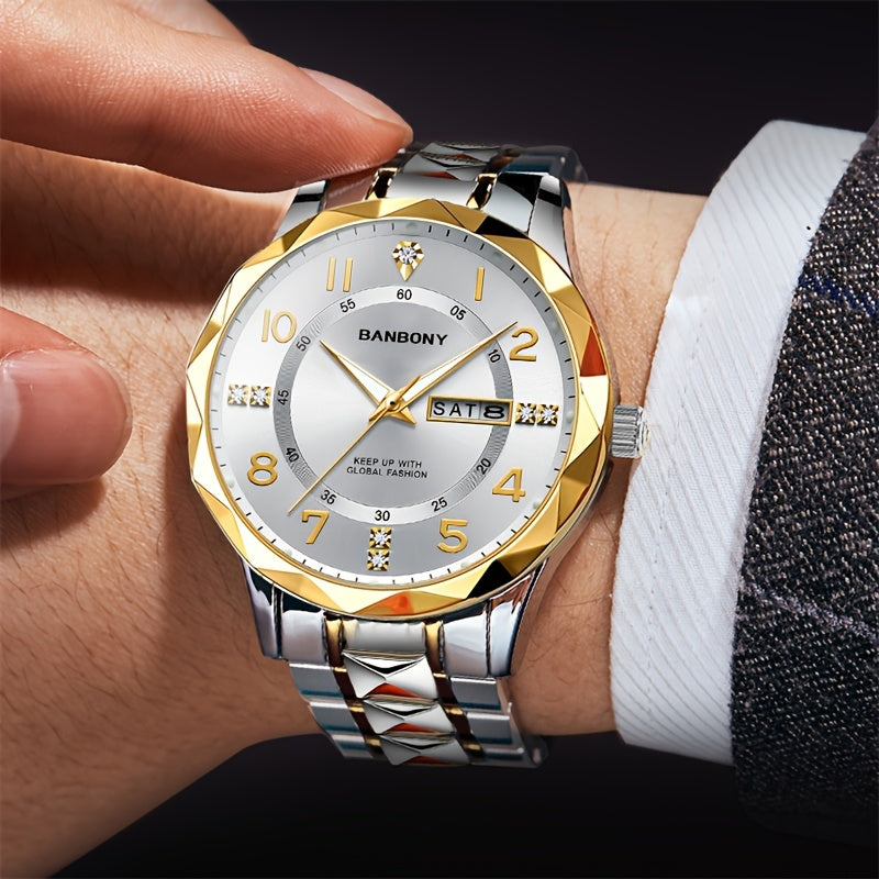 1 New BANBONY Brand Unisex Stainless Steel Quartz Watch with HD Scratch-Resistant Rhinestone-Embellished Simple Digital Round Dial, Luminous Display Date Calendar Battery-Powered Multifunctional Fully Automatic Wristwatch for