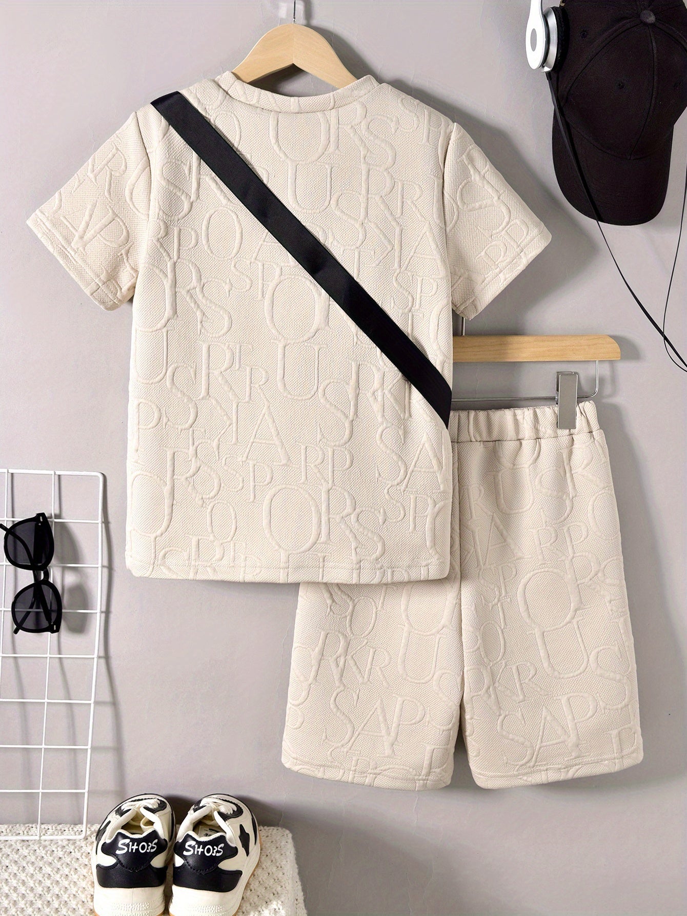 Boys' Stylish White Short Sleeve T-Shirt + Casual Shorts + Fashion Crossbody Bag Set, Perfect for Outdoor