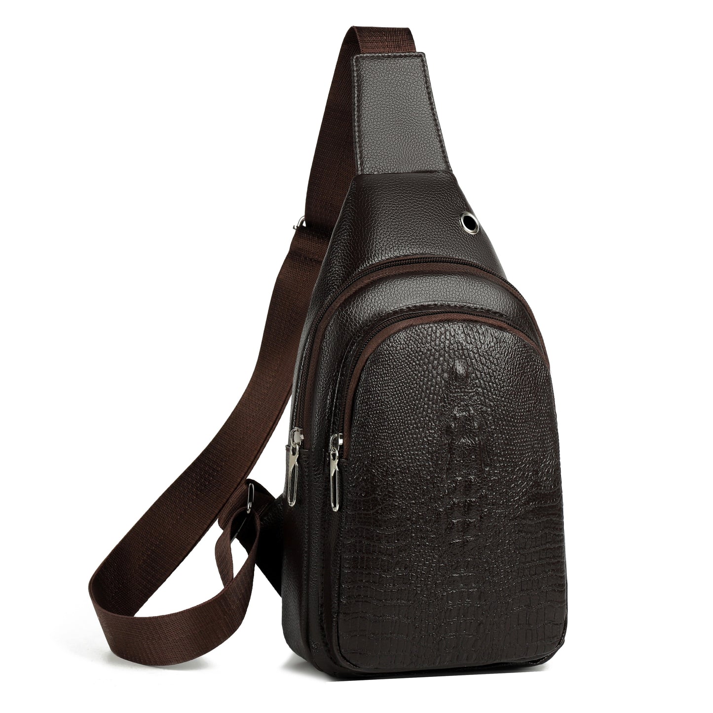 Men's Stylish Black PU Leather Sling Bag - Large Capacity Lightweight Crossbody Chest Pack with Embossed Design & External Earphone Hole for Casual Outings, Crossbody Bag