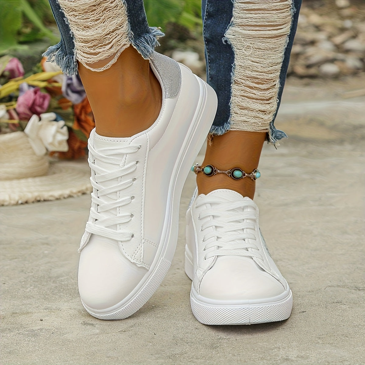 Women'S White Faux Cover Casual Sneakers - Low-Top Lace-Up Shoes with Heart Design, Rubber Sole, All-Season Comfort, Casual Footwear | Heart Detail Shoes | Synthetic Cover Sneaker