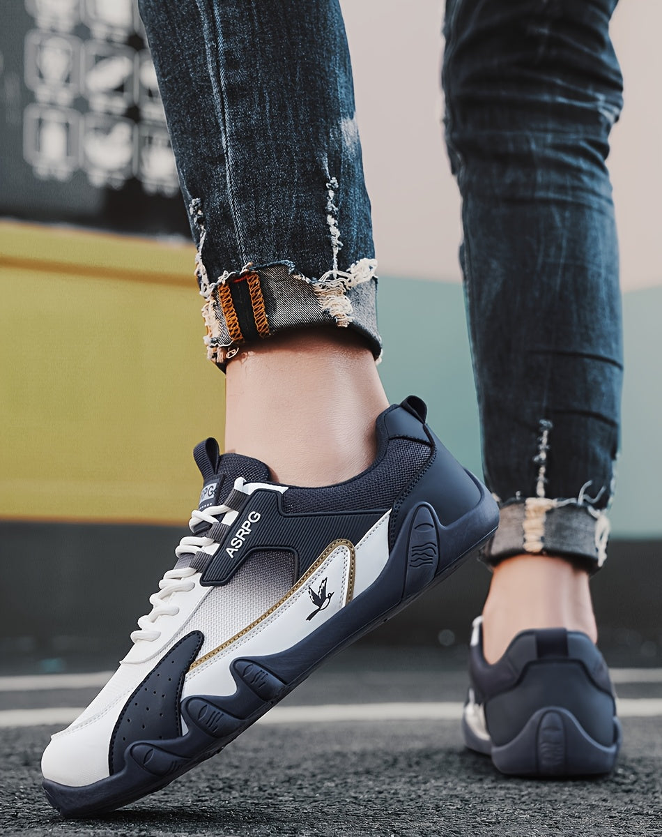 Men's Breathable Low-Top Casual Sneakers - Sporty Lace-Up Walking Shoes with Navy/White/Golden Accents, All-Season Outdoor & Everyday Comfort, Durable Fabric Upper & PVC Sole, Comfortable Footwear, Sleek Shoe Design, Lightwei