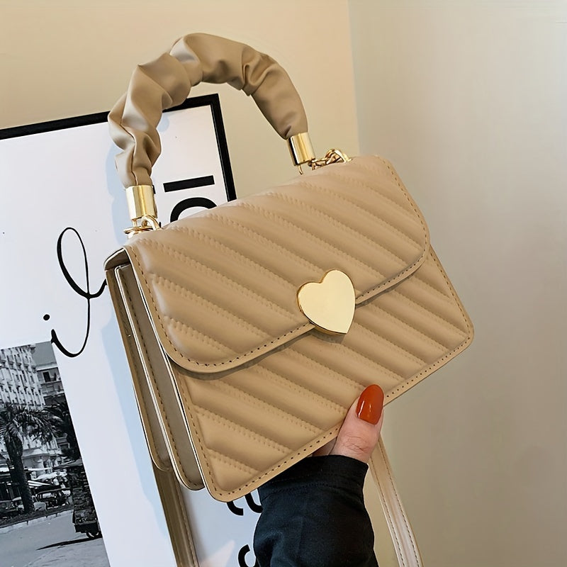 Women'S Fashion Shoulder Bag, Korean Version, Faux Leather, Quilted Solid Color, Heart Accent, Removable Strap, Magnetic Closure, Synthetic Faux Leather Lining, Painted Edges, Versatile Crossbody Purse - Available in Black, R