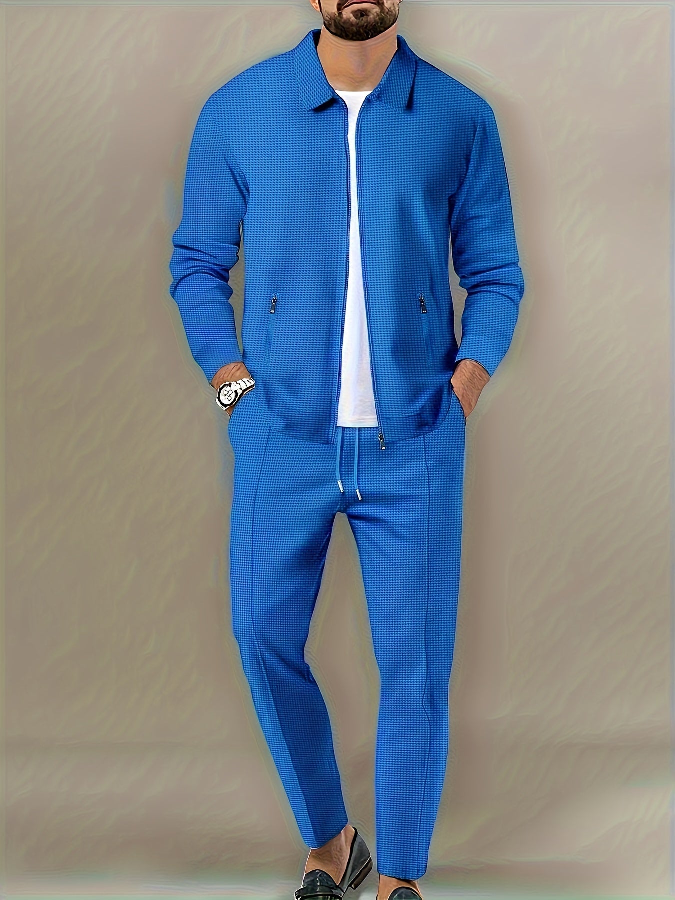 Men's Solid Waffle 2pcs Athletic Outfits, Zip-up Jacket & Pants co ord set for Outdoor Sports