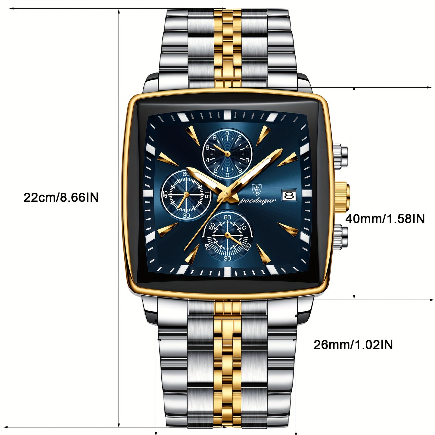 POEDAGAR Men's Stainless Steel Luminous Watch - Blue Dial Chronograph, High Quality Quartz Movement with Date Calendar, Golden-Tone Accents for Business Casual & Casual Attire, Formal Accessory, Stylish Accessory, Refined Cra