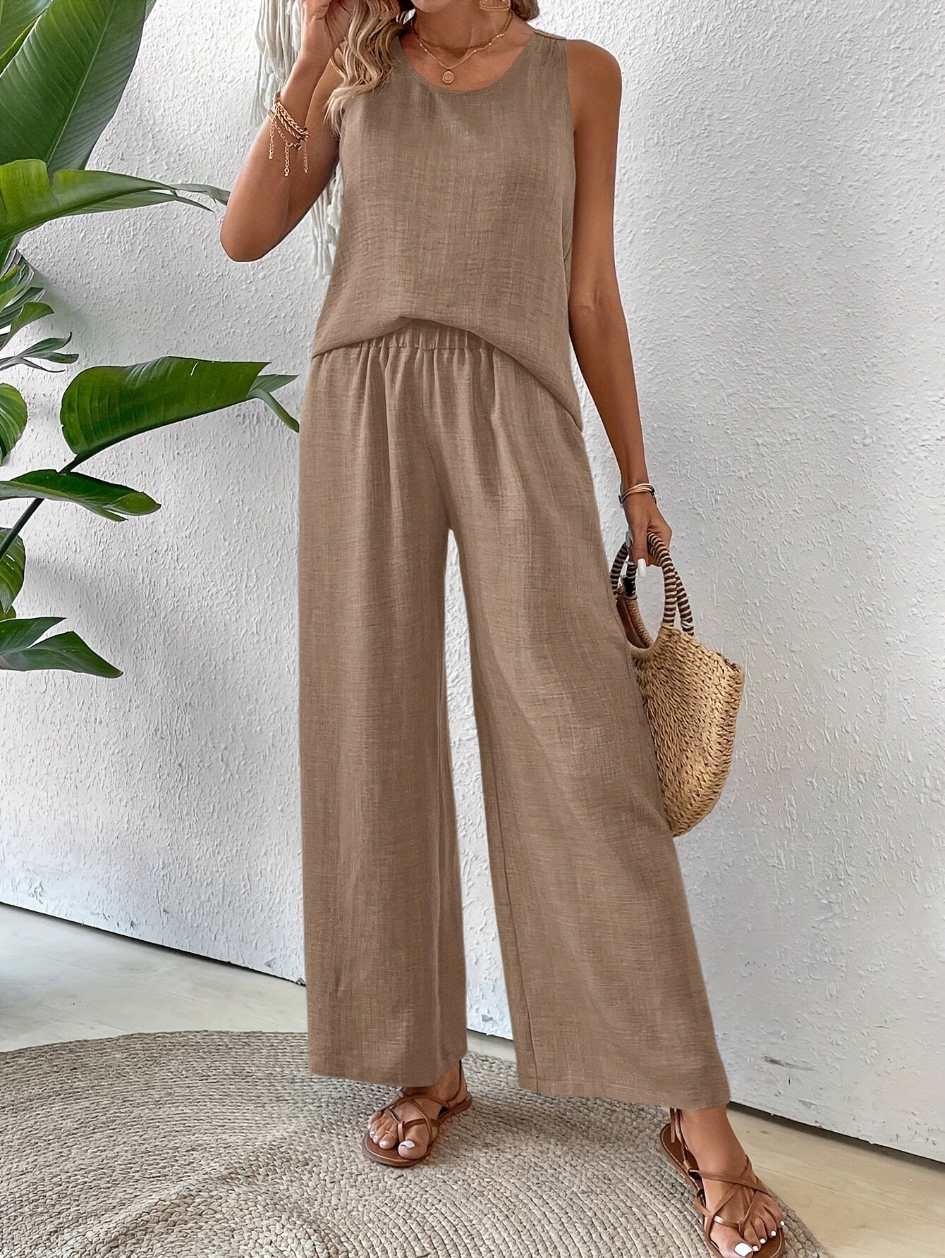 Women'S Summer Backless Cut-Out Panel Tank Top + Wide Leg Pants Set - Casual, Simple, Sleeveless, Polyester, Light Beige, Perfect for Spring/Summer, Casual Attire|Backless Top|Polyester Fabri