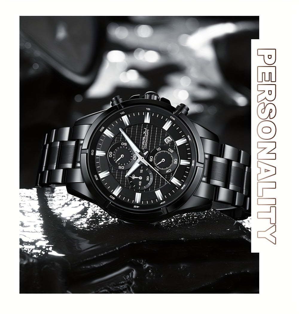 CRRJU Fashion Men's Watch, Business Solid Stainless Steel Multifunctional Chronograph Watch