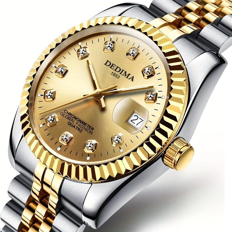 DEDIMA Elegant Stainless Steel Band Calendar Watch, Quartz Movement, Round Dial with Rhinestones, Battery-Powered, Non-Rechargeable Button Battery, Regular Cleaning, for Men, Women, Students, Christmas, Valentine'S Day, Thank