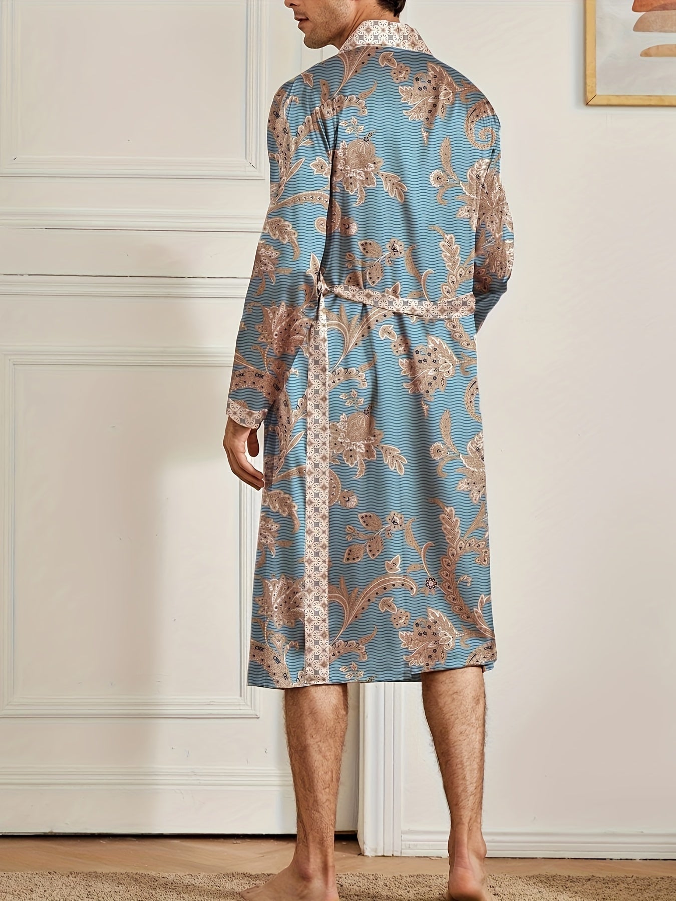 Men's Sleep Robe, Elegant And Light Luxury Pajamas Set, Stylish Gorgeous Floral Print, V-neck Long Sleeve Sleep Robe And Shorts, Sleep Wear Robe Set For Home Wear