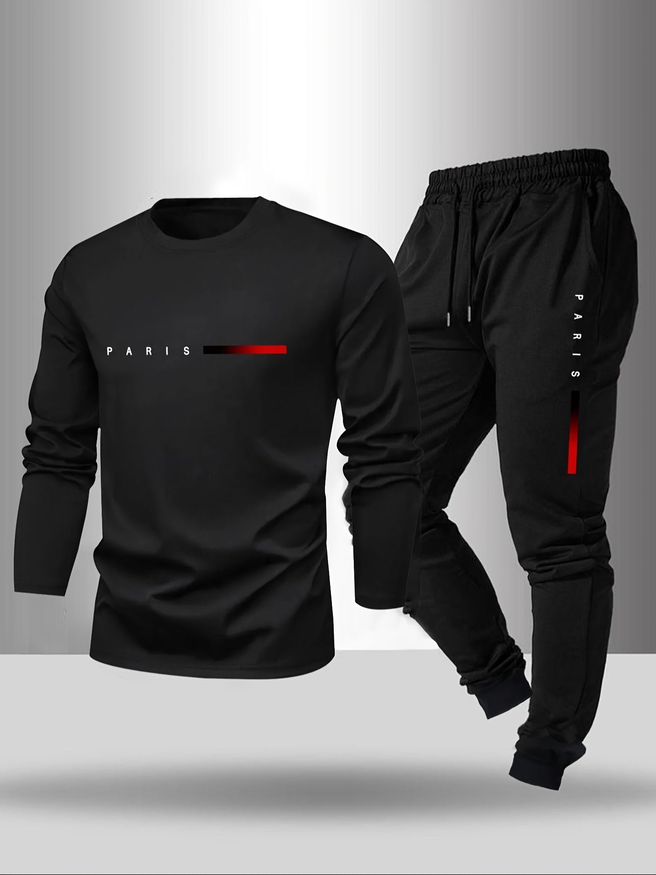 Men's Long Sleeve T-shirt and Pants Set, Spring/Autumn 2pcs set with Paris letter print round neck long sleeve T-shirt + drawstring outdoor casual sports pants set of 2