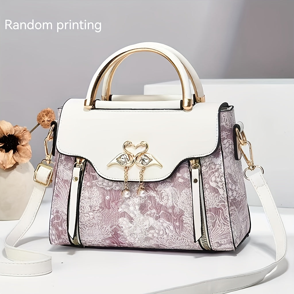 Elegant Handbag for Wo, Geometric Print, Multi-Layered Fashion Handbag with Zipper Closure, Polyester Lined, Edge Paint Detail, Versatile for Various Occasions - Blue/White/Pink/Black
