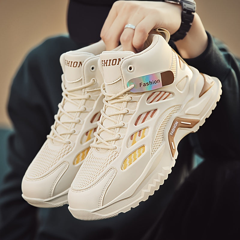 Fashion Mid-Top Sneakers for Men - Casual Street Style Athletic Shoes with Graphic Pattern, Lace-Up Closure, All-Season Round Toe Trainers with PU Upper, Fabric Lining & Insole, Anti-Slip PVC Sole
