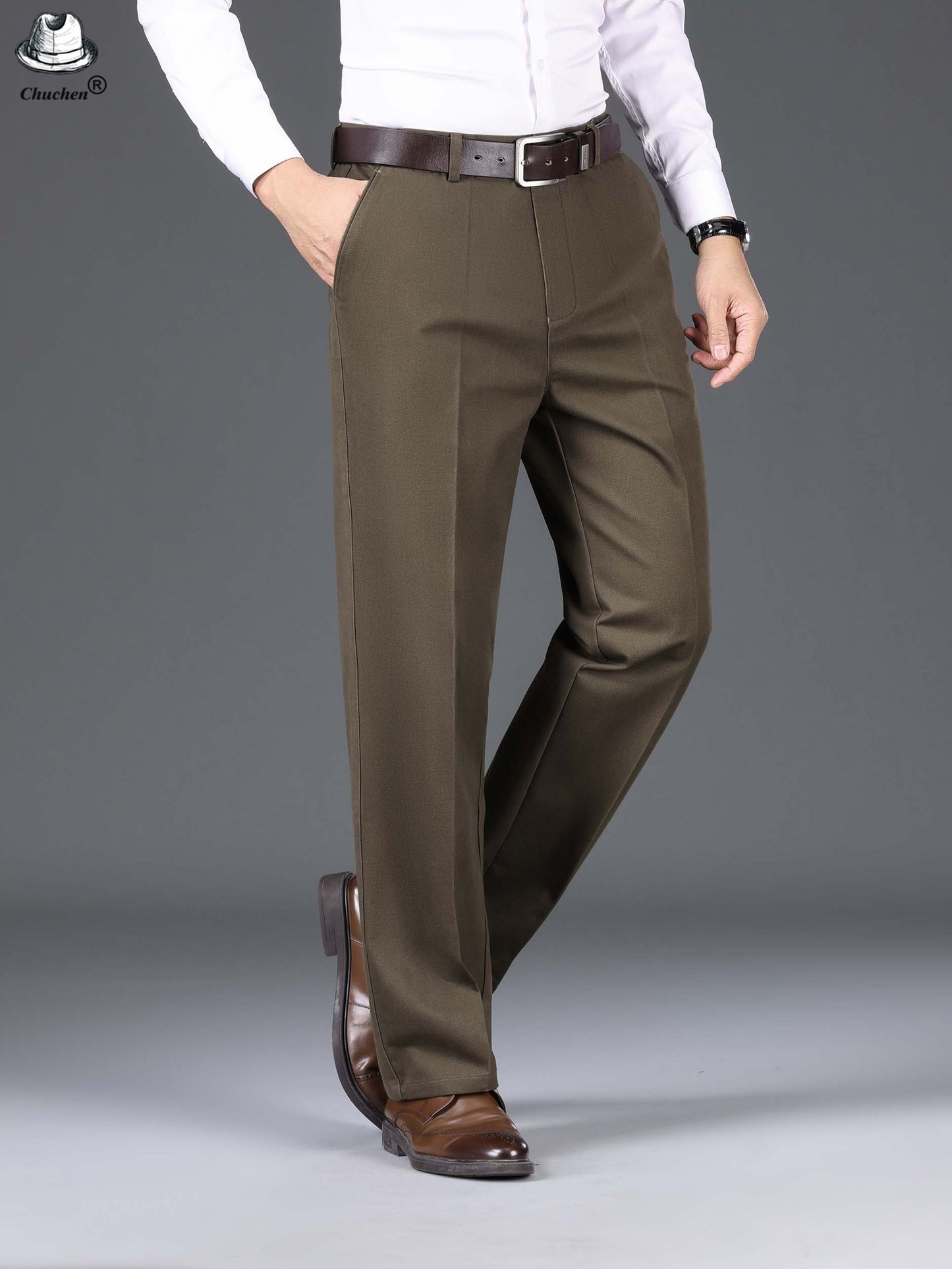1pc Classic Fit Men'S Dress Pants - 100% Cotton, Solid Color, Non-Stretch, Regular Length, for Autumn/Winter - Business Casual Style