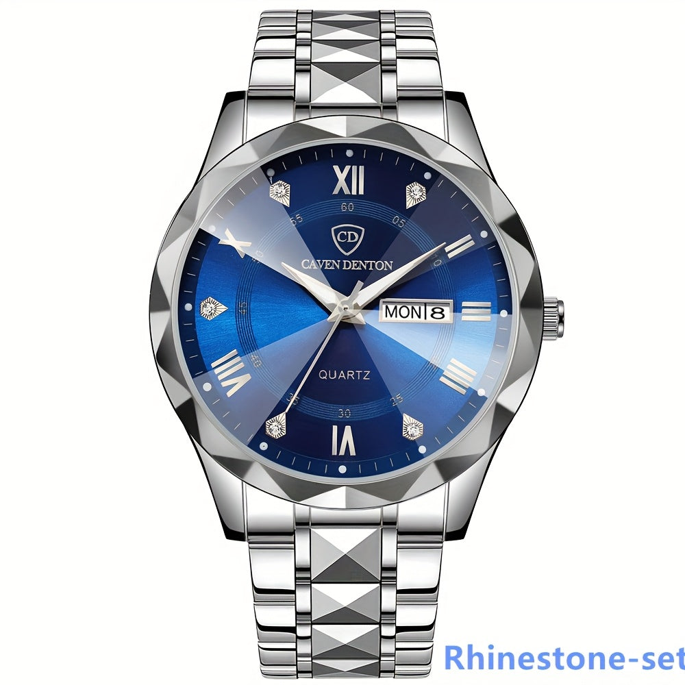 Fashionable Men'S Quartz Watch with a Diamond-shaped Dial, IPX7 Waterproof, Dual Calendar, Luminous Steel Strap, Business Watch