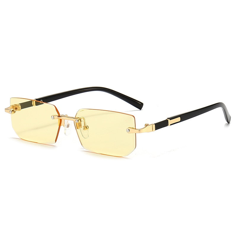 Rimless Rectangle Fashion Fashion Glasses - Light Blue Lens with Golden-Tone Accents, Durable PC Frame, Ideal for Summer & Casual Attire, Summer Glasses|Stylish Rectangular Glasses|Polycarbonate Frame