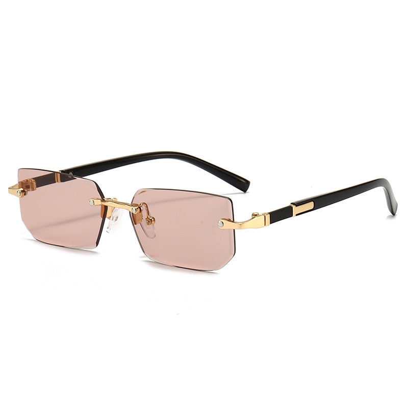 Rimless Rectangle Fashion Fashion Glasses - Light Blue Lens with Golden-Tone Accents, Durable PC Frame, Ideal for Summer & Casual Attire, Summer Glasses|Stylish Rectangular Glasses|Polycarbonate Frame