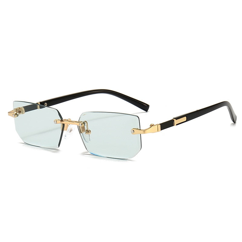 Rimless Rectangle Fashion Fashion Glasses - Light Blue Lens with Golden-Tone Accents, Durable PC Frame, Ideal for Summer & Casual Attire, Summer Glasses|Stylish Rectangular Glasses|Polycarbonate Frame