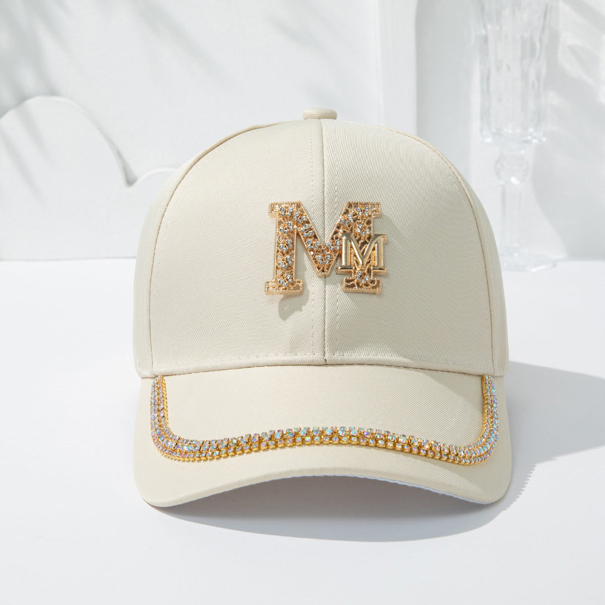 Women's Fashion Patch Baseball Cap With Metallic "M" Initial, Rhinestone Accents, Adjustable Snapback Cps, Wide Brim Sun Hats